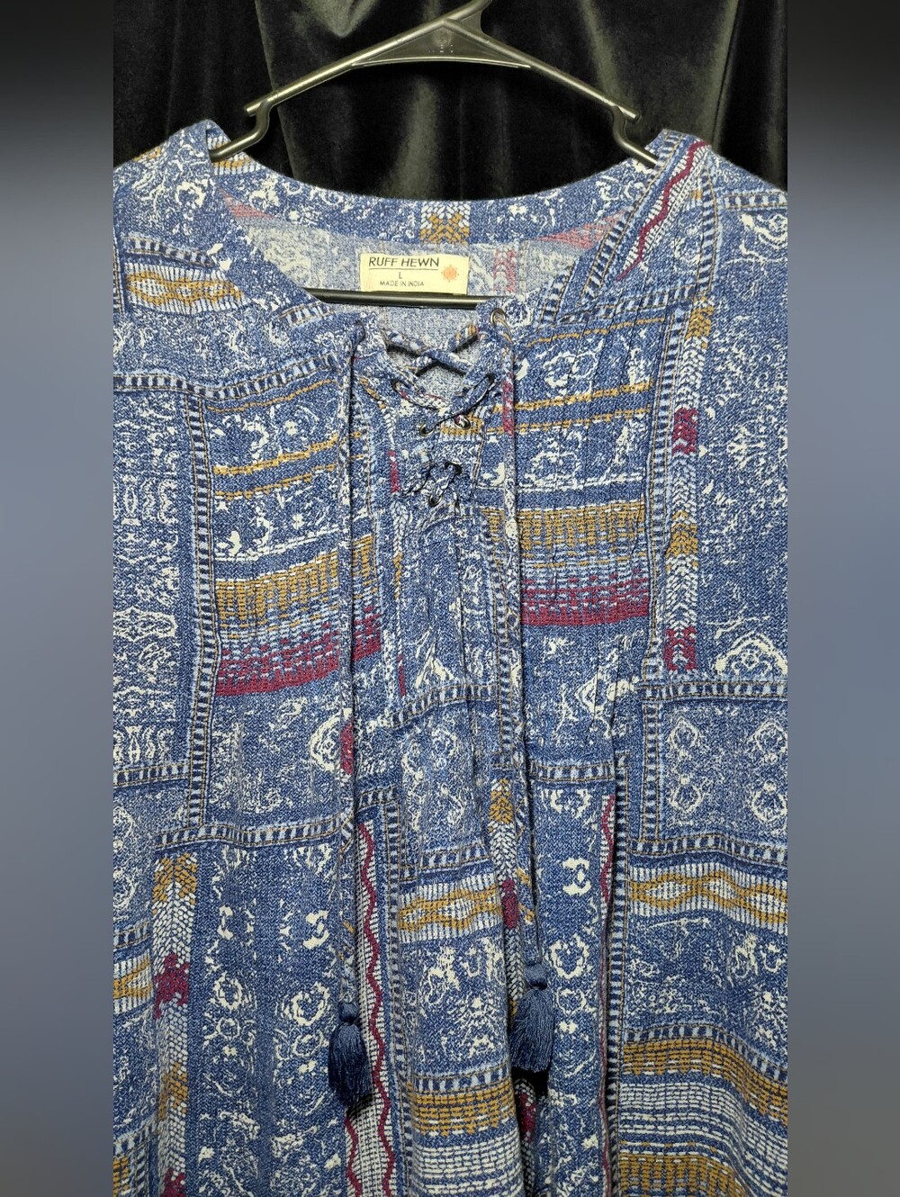 Ruff Hewn Blue Printed Lace-Up Women’s Top
